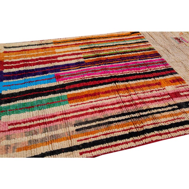 Vintage Beni Ourain Moroccan Handmade Multicolor Designed Beige Wool Rug For Sale - Image 11 of 12