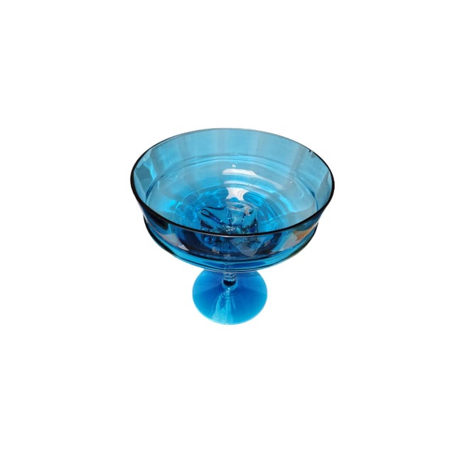 Lovely vintage 1960s English Whitefriars blue glass compote bowl, on twisted stem, in vibrant sea blue color. Small chip...