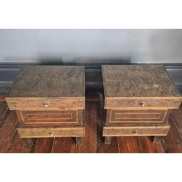 A pair of Art Deco bedside tables with bakelite knobs / handles, Finland 1930a. Beautiful geometrical decor and stained...