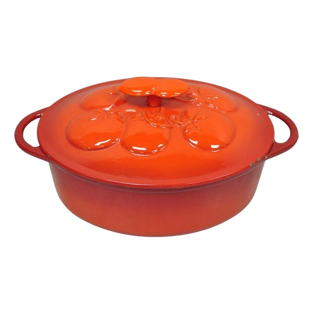 Technique 4 Quart Red Cast Iron Dutch Oven Covered Pot With Tomato Design on Lid For Sale