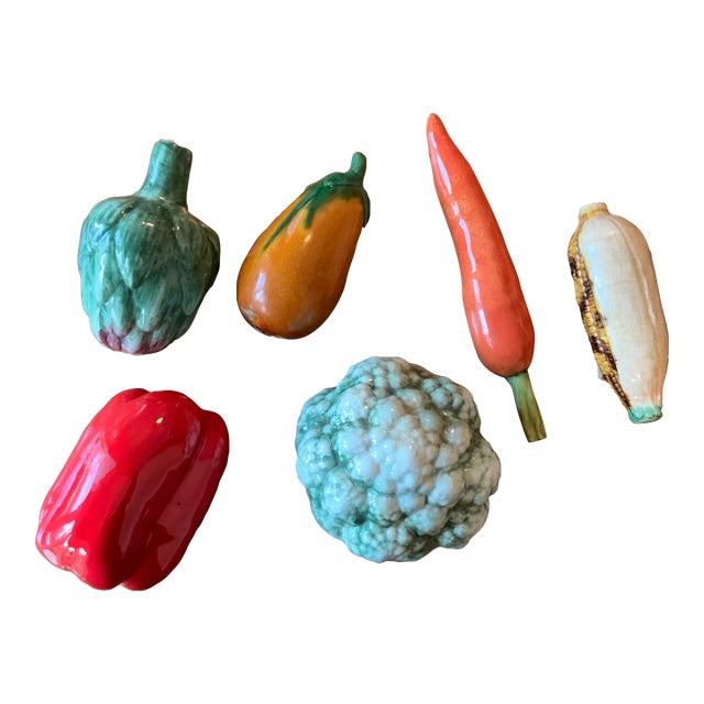 Vintage Trompe‑L’Oeil Majolica Hand Painted Faux Vegetables From Italy. Set of 6 for French Country, Cottage Core, English and Italian Decor For Sale