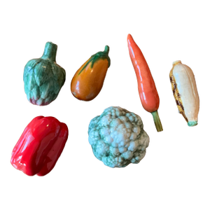 Vintage Trompe‑L’Oeil Majolica Hand Painted Faux Vegetables From Italy. Set of 6 for French Country, Cottage Core, English and Italian Decor