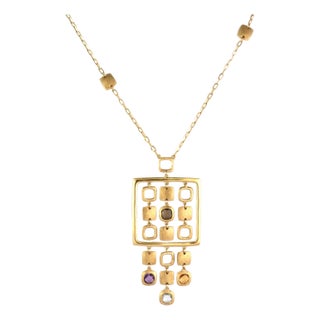 Beautiful 18k Yellow Gold & Gems Fancy Square Dangle Pendant & Chain For Sale