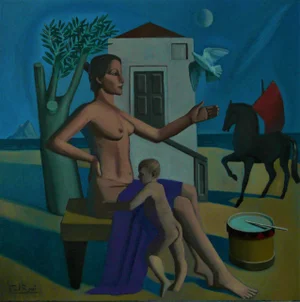 Paul Rossi Mother and Child in Archaic Landscape Contemporary Figurative Oil Painting 2018