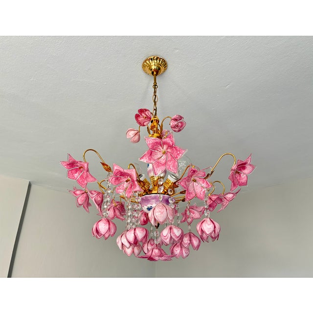 Vintage Murano Style Large Chandelier, Pink Floral Chandelier, Bouquet Style Ceiling Light, 4-Light Flush Mount For Sale - Image 6 of 16