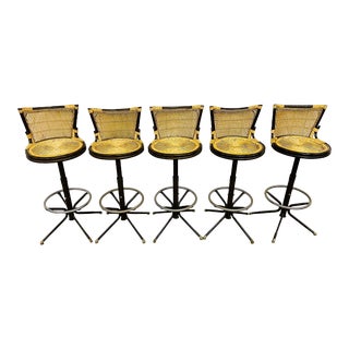 Mid-Century Rattan & Wicker Bar Stools- Set of 5 For Sale