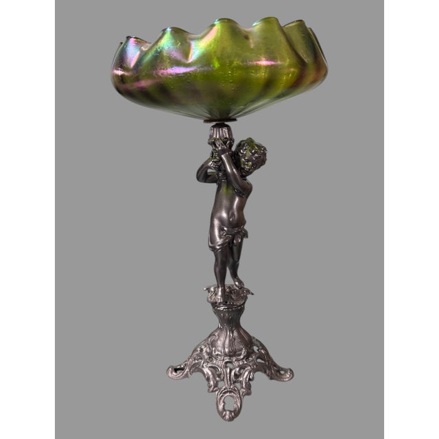 Antique Art Nouveau Victorian 16" Figural Cast Metal Compote With Art Glass Bowl For Sale - Image 4 of 7