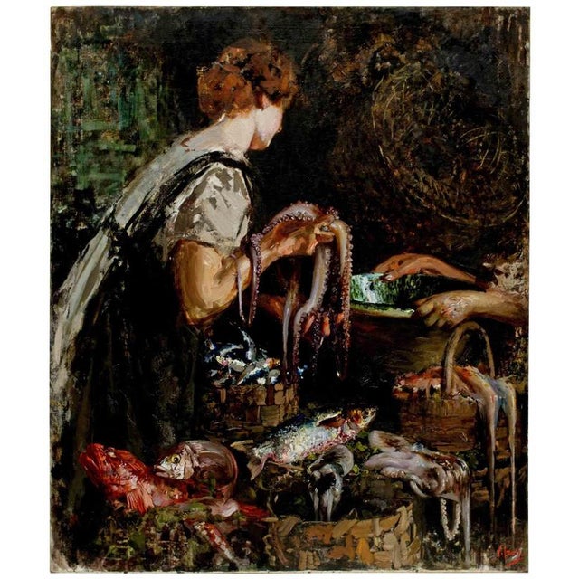 Vincenzo Irolli, At the Fish Market, 1922, Oil on Canvas, Framed For Sale - Image 3 of 5