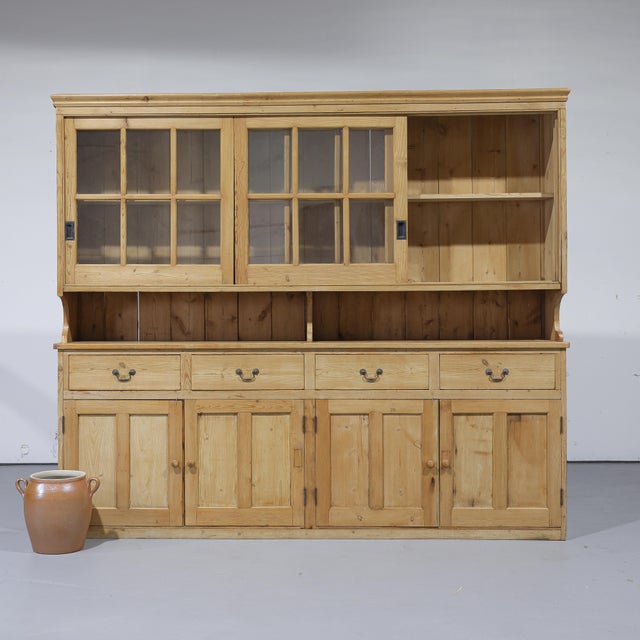 English Massive Antique Pine Glazed Dresser With Sliding Doors | Circa 1880 For Sale - Image 3 of 13