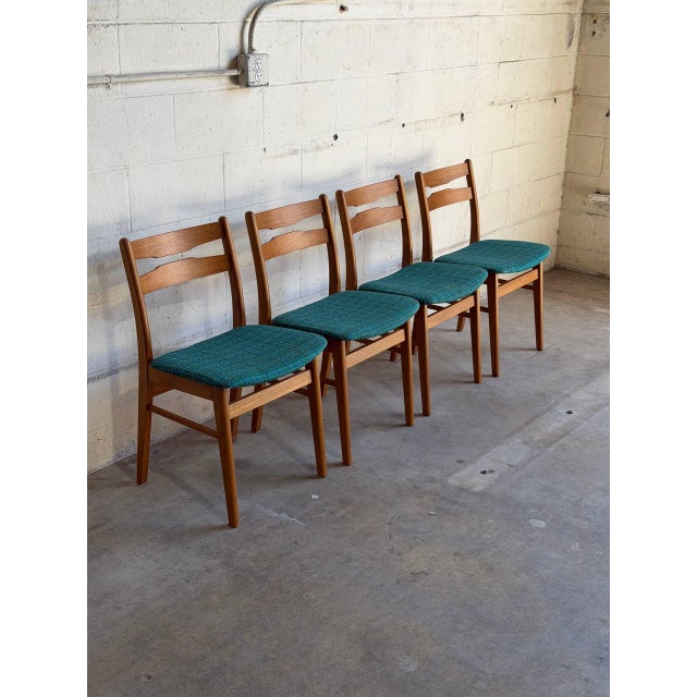Set of 4 Vintage Danish Teak Dining Chairs Mid Century Modern Blue Upholstered For Sale - Image 9 of 9