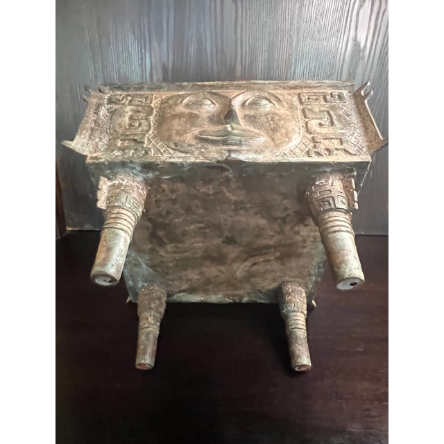 Mid 20th Century Mid 20th Century Monumental 43lb Chinese Archaistic Style Bronze Human-Face "Da He" Fang Ding Vessel For Sale - Image 5 of 6