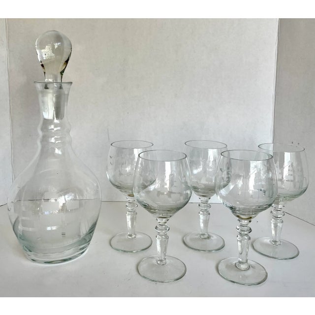 Vintage Etched Ship Schooner Decanter and Glasses Set of 6 For Sale - Image 13 of 13