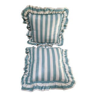 Vintage Blue Striped Cabana Ruffled Pillows- a Pair For Sale