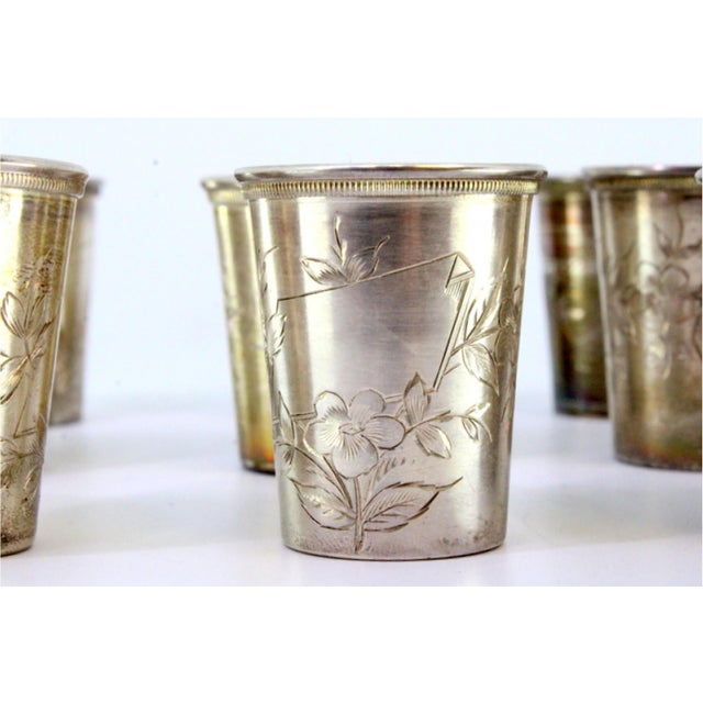 Silver Vodka Glasses with Floral Reliefs, Set of 12 For Sale - Image 4 of 7