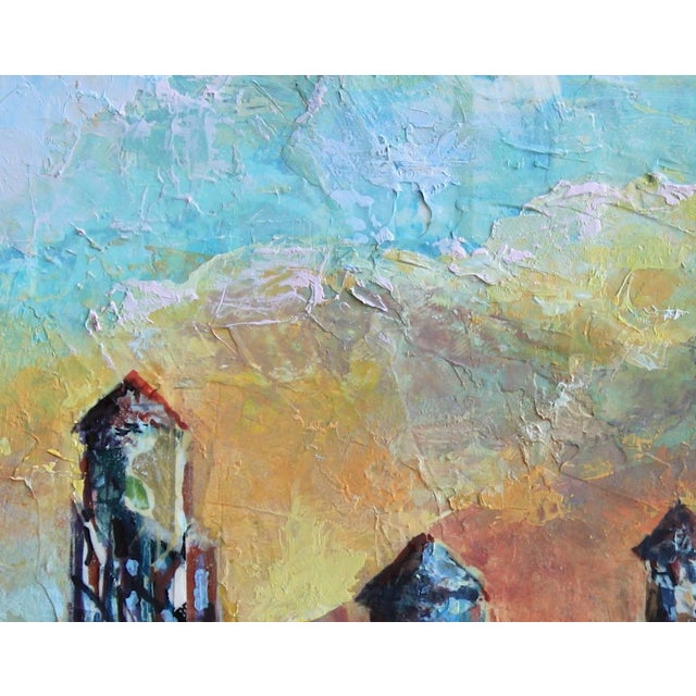 "Base Defensive Formation" is a mixed media painting on wood panel by Josh George, completed in 2026. Four rooftop water...