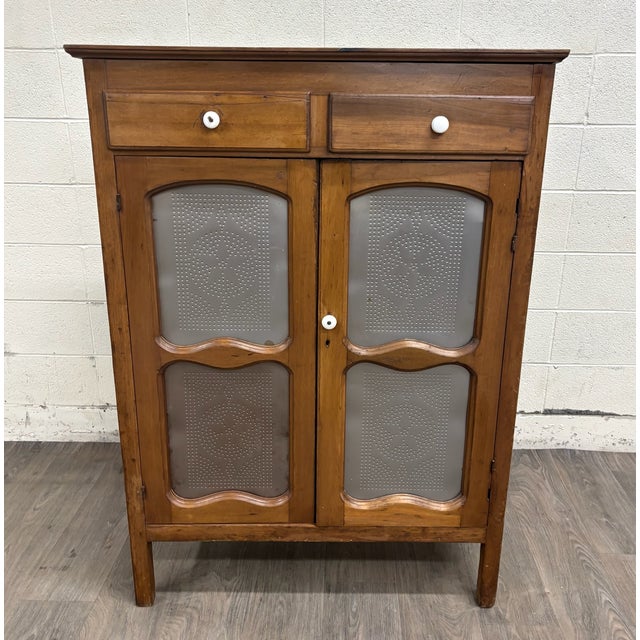French Provincial Antique Rustic French Provincial Punched Tin Pie Safe Jelly Cupboard Cabinet For Sale - Image 3 of 13