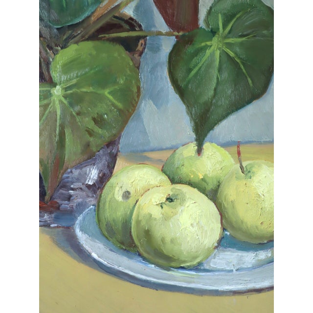 1949 Mid-Century Modern 'Begonia & Apples' Vintage Original Still Life Oil Painting, Framed For Sale - Image 9 of 11