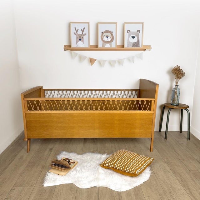 Mid-Century Modern Bohemian Wooden and Rattan Childrens Bed, 1960s For Sale - Image 3 of 12