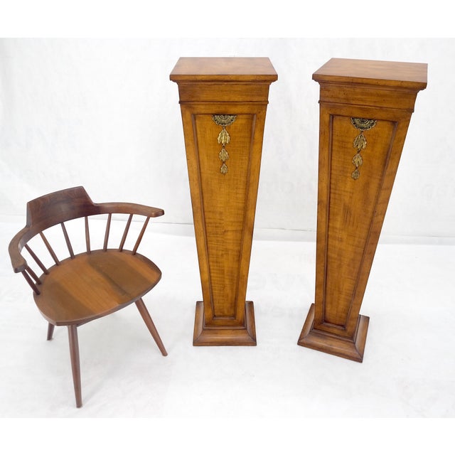 Biedermeier Pair of Tapered Light Tiger Maple Bronze Mount Large Square Pedestals For Sale - Image 3 of 12