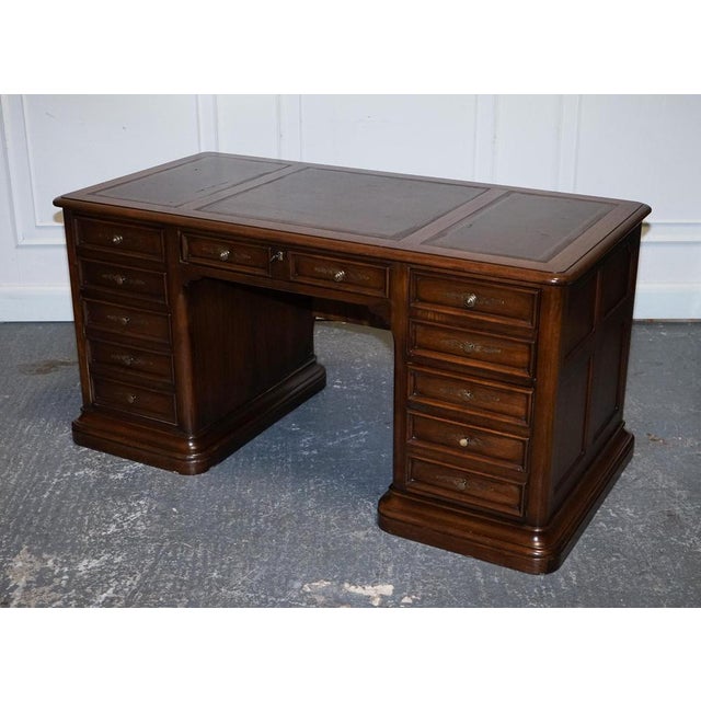 Vintage Hekman Usa Twin Pedestal Desk with Brown Leather Top Brass Handles For Sale - Image 3 of 18