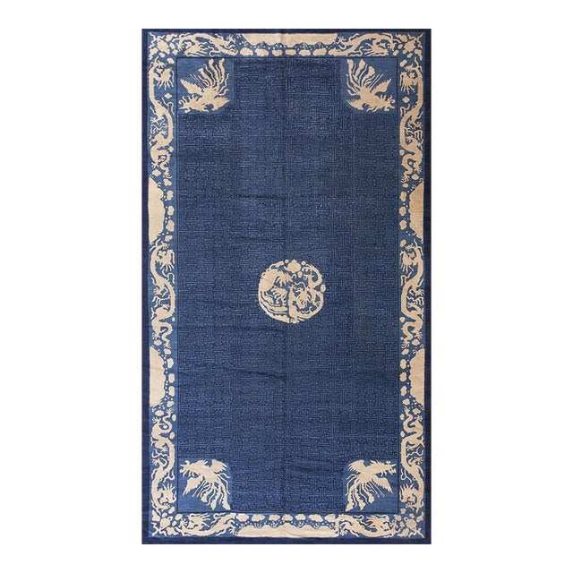 1880s Royal Blue Antique Dragon Greek Key Chinese Peking Qing Dynasty Rug For Sale