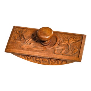 Oversized Antique Art Nouveau Carved Wood Ink Blotter Paperweight World War I 1914–1917 European Folk Art Desk Accessory For Sale
