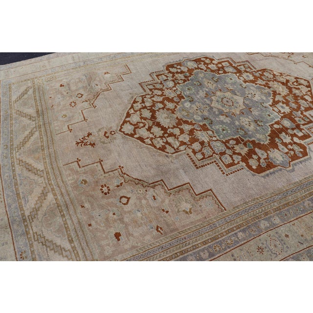 Tan Vintage Turkish Oushak Rug in Brown, Pale Green, Taupe & Taupe Light Purple For Sale - Image 8 of 17