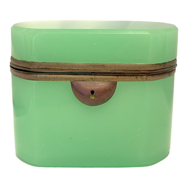 19th Century France Green Opaline Glass Hinged Jewelry Box With Ormolu Mounts For Sale