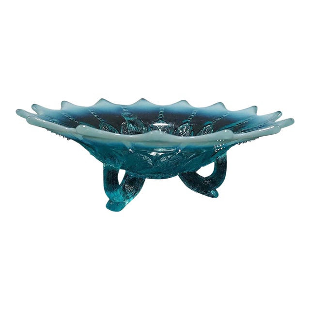 1905 Edwardian Northwood Leaf and Beads Blue Opalescent 7 Inch 3 Footed Bowl For Sale