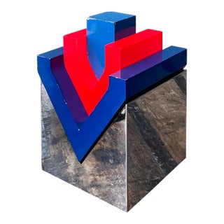 Vintage Postmodern Stacked Wood and Chrome Sculpture For Sale