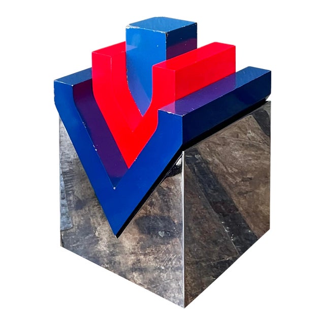 Vintage Postmodern Stacked Wood and Chrome Sculpture For Sale