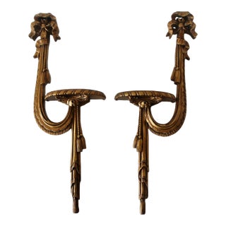 Mid 20th Century Rococo Revival French Hollywood Regency Style Gilt Ribbon Bow Wall Swag Brackets Sconces- a Pair For Sale
