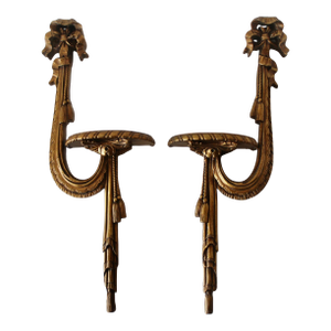 Mid 20th Century Rococo Revival French Hollywood Regency Style Gilt Ribbon Bow Wall Swag Brackets Sconces- a Pair