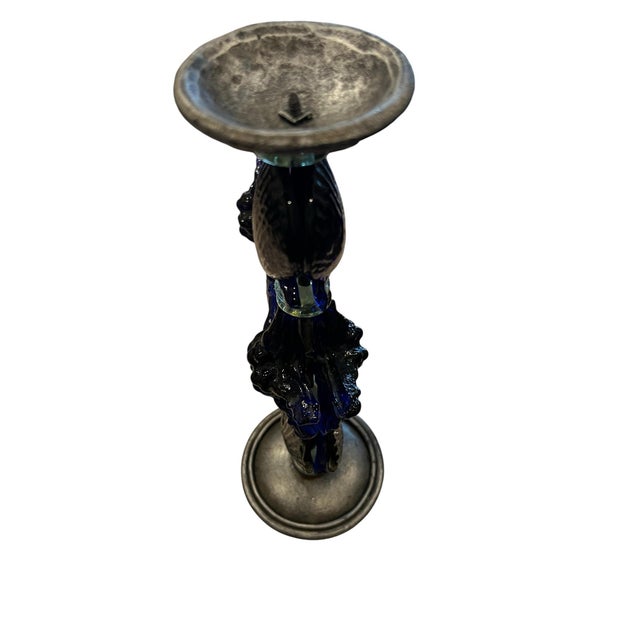 Boho Chic Pair of Heavy Cobalt Blue Art Glass Candlesticks 13" Tall For Sale - Image 3 of 12
