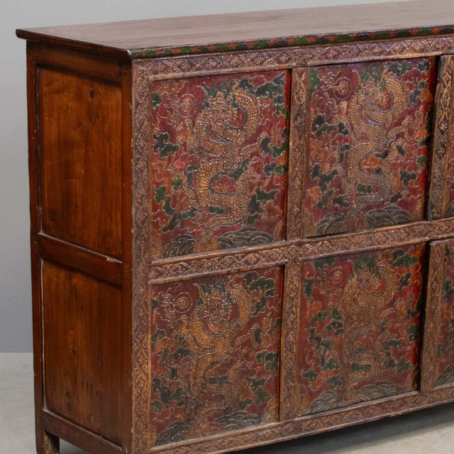 Antique Painted Tibetan 4 Door Cabinet For Sale - Image 4 of 10