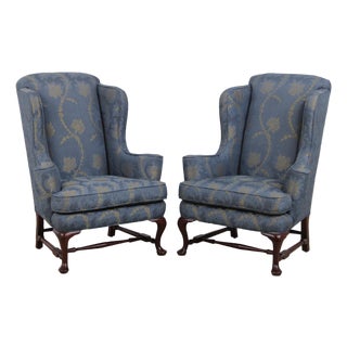 Pair Colonial Williamsburg Style Queen Anne Mahogany Wing Chairs For Sale