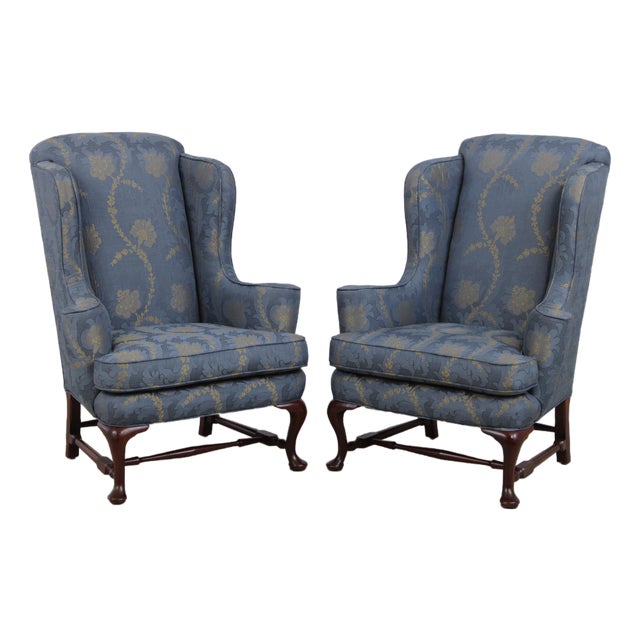 Pair Colonial Williamsburg Style Queen Anne Mahogany Wing Chairs For Sale