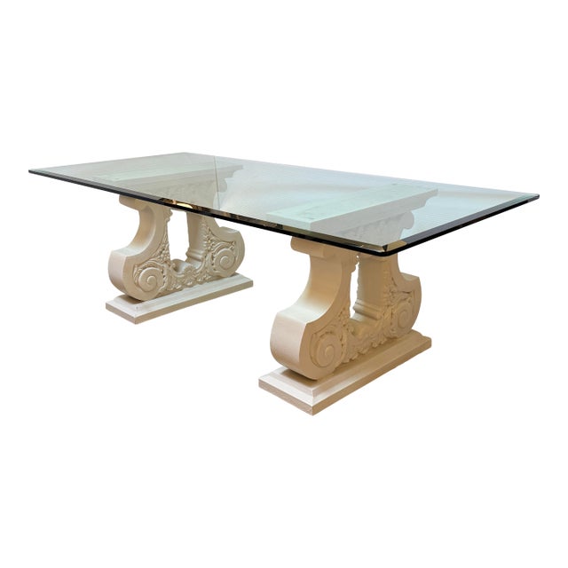Kreiss Double Pedestal + Beveled Glass Top Dining Table For Sale