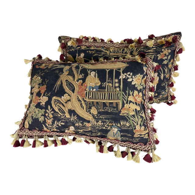 Thibaut Chinoiserie Cotton Print Tasseled Pillows/ a Pair For Sale