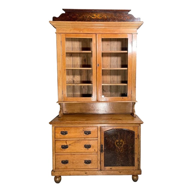 19th Century Swedish Stepback Cupboard With Original Hardware and Paint Decoration For Sale