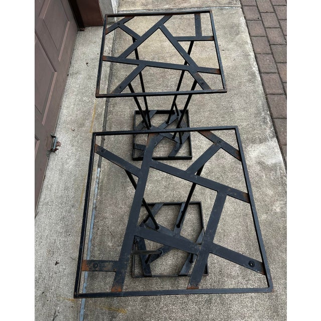 Black Vintage Brutalist Style Hand Wrought Iron Outdoor Glass Top Tables ~ Pair For Sale - Image 8 of 12