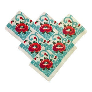 Vintage Linen Napkins Roses & Turquoise Swirls Dinner Napkins - Set of 6 For Sale
