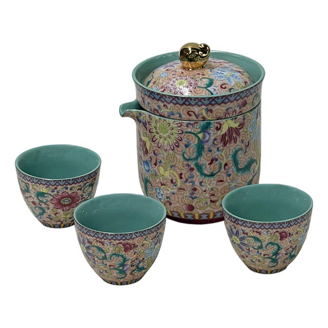 Set Oriental Pink Turquoise Floral Graphic Porcelain Tea Filter Pitcher Cups W Case For Sale