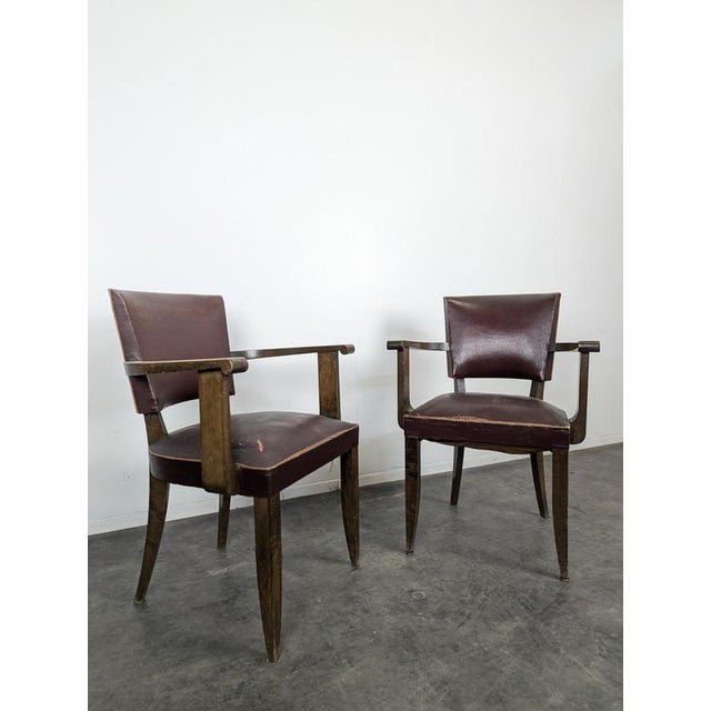 Bridge Chairs in Oak and Burgundy Imitation Leather, 1940s, Set of 2 For Sale - Image 4 of 8