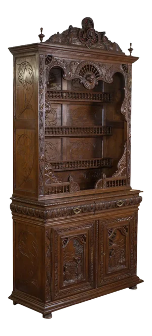 1880s Carved Oak French Sideboard Breton Cabinet