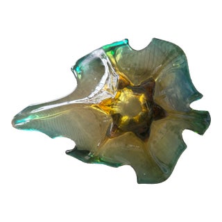 Vintage Murano Blown Glass - Green and Yellow Leaf Bowl For Sale