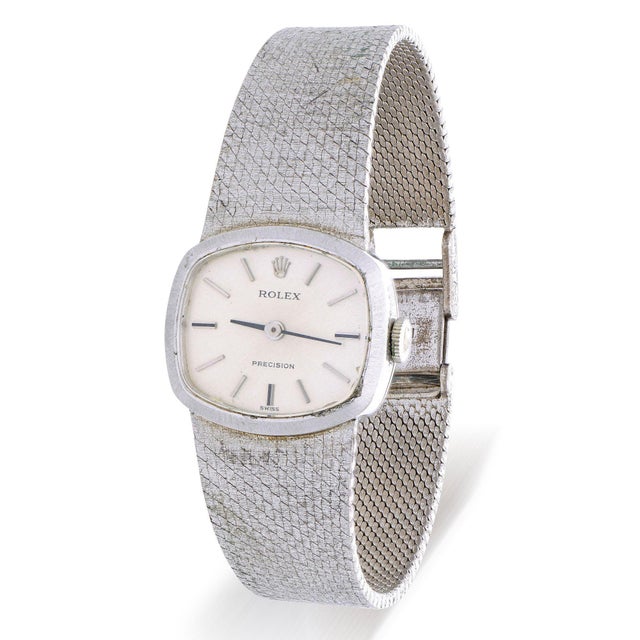 1970s Rolex Precision 2644 Vintage 1971 Silver Dial 18k White Gold Mesh Bracelet Watch For Sale In Miami - Image 6 of 12