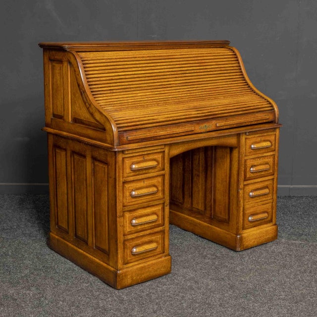Brown Edwardian Oak Roll Top Desk For Sale - Image 8 of 15