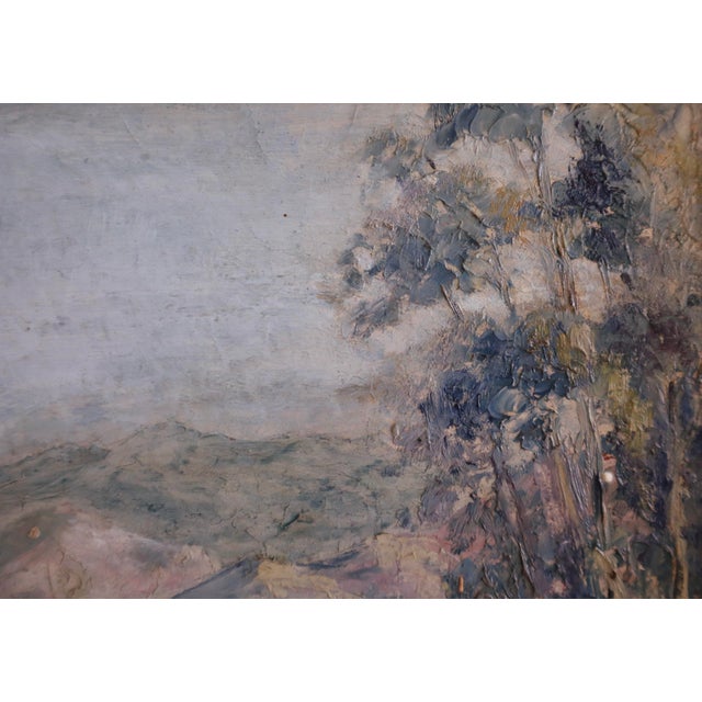 Vintage landscape oil painting. Pastel color scheme with sage green, periwinkle, baby blue, lavender, baby pink....