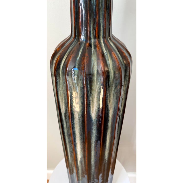 Monumental Mid-Century Modern Ribbed Ceramic Floor Vase With Drip Glaze For Sale - Image 4 of 11